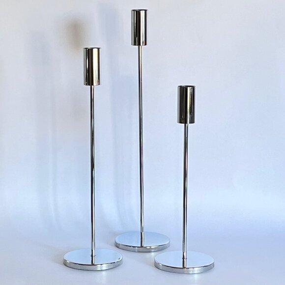 Set of 3 Mid Century Modern Style Chrome Graduated Tiered Candle Stick Holders - Picture 1 of 7